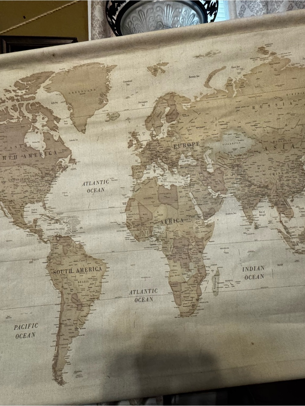 Vintage-Style World Map Canvas Print in Beige and Tan